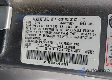 2010 Nissan 370Z z USA, uszkodzony, nr VIN JN1AZ4EH5AM500488